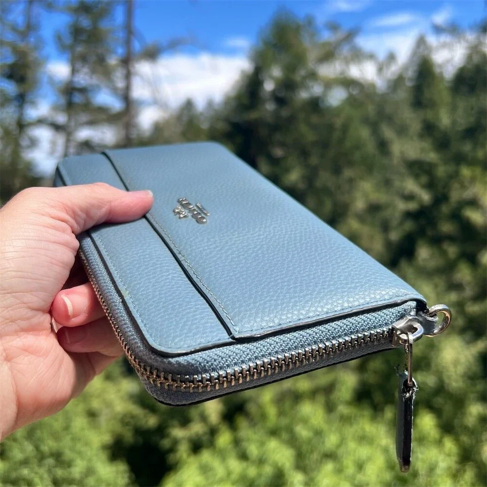 COACH Long Zip-Around Wallet Blue Pebble Leather Wallet with Silver Hardware